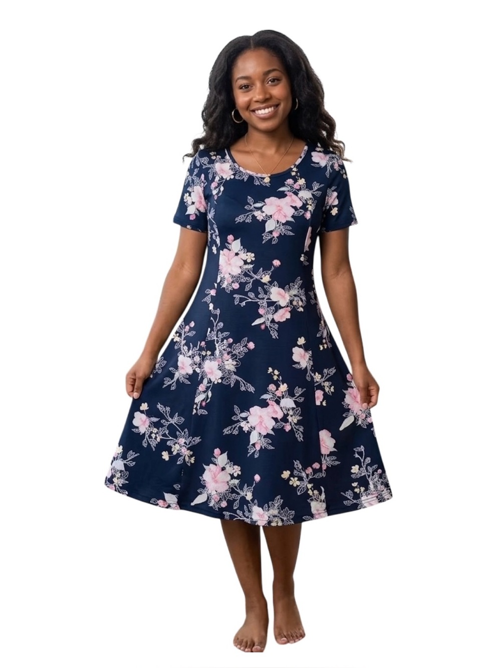 Niko Textile Navy Blue Floral Cotton Midi Dress L large like new